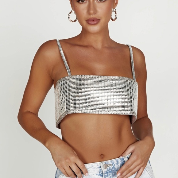 MESHKI Miriam Mirror Crop Top - Silver XS - Picture 1 of 4
